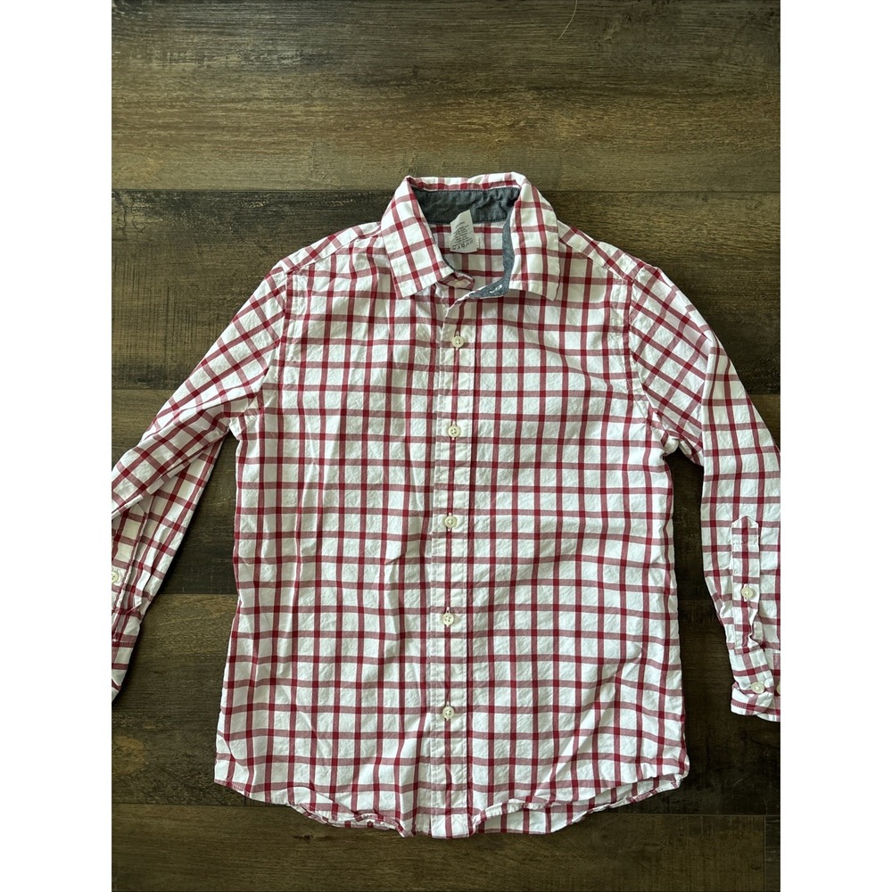 crew cuts Boys 6/7 Long Sleeve Button Up White Red Plaid Preppy Dress